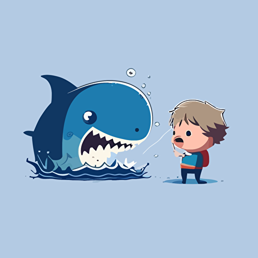 shark biting a child on the water pixar style, 2d flat design, vector, cut sticker