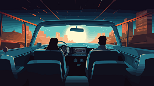 Couple proposing inside a car in a drive-in cinema, perspective from the back seat, vector art, illustrator, after effects, reduced color palette