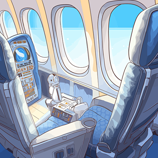 R2D2 sitting in cockpit seat of a Boeing 747. Outside the windows there is bright blue sky and sunshine. vector drawing childrens book