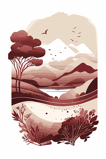 burgundy and beige watercolour landscape, minimalist, vector, contour