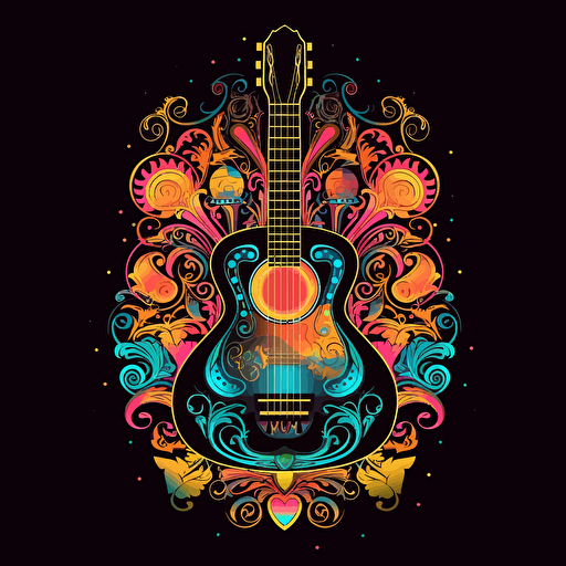 acoustic guitar, surrounded by elegant musical motifs, 2d vector, neon colours, epic composition, vector design on the edges of the image