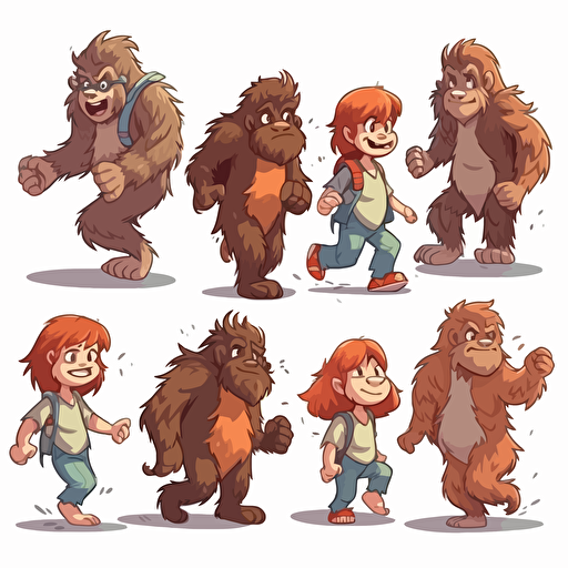 Bigfoot children´s movie, vector style, multiple poses and expressions, cartoon comic, children's book illustration style, white background