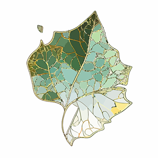 Stained glass ivy petal art on white background. Muted colors. Light green, gold, white. Minimalistic. Flat vector illustration.