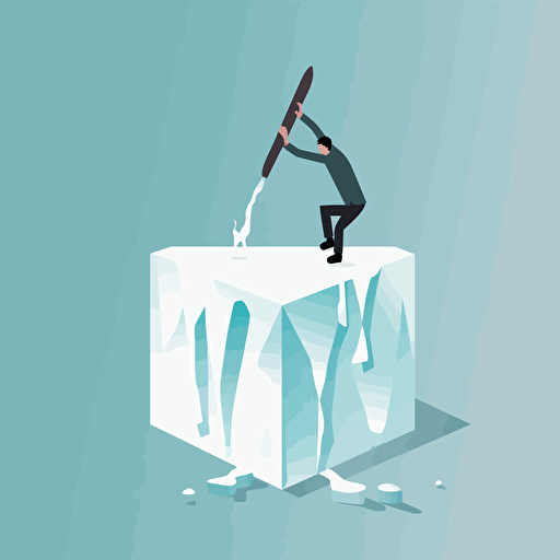 illustration of little man on block of ice swinging an ice pick, like a knife, into the Ice which resulting in cracks originating from the strike point vector style