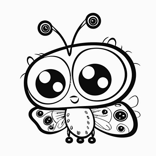 cute butterfly in farm, big cute eyes, pixar style, simple outline and shapes, coloring page black and white comic book flat vector, white background