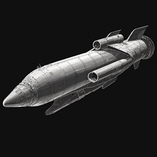 long cylender shaped spaceship on black background, 2d vector, gray tones