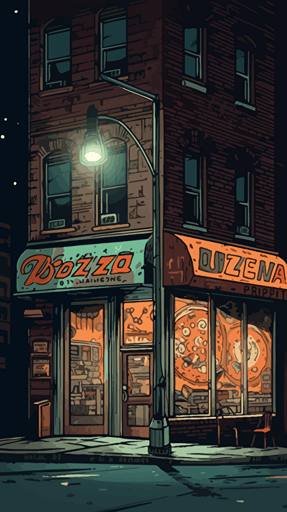 a pizzeria diner in the city street at night illustration, night lights, :: pizza restaurant, 70s comic book cover, vector, black background, highly detailed,