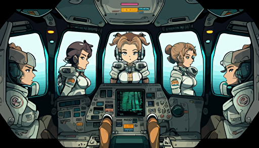 spaceship cockpit,4 seats,anime style,comic,illustration,vector,