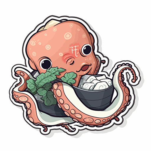 octopus eating sushi, sticker, Hand drawn style, vector, White background,