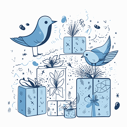 vector doodle minimalist, thinking ai, giftboxes and blue birds