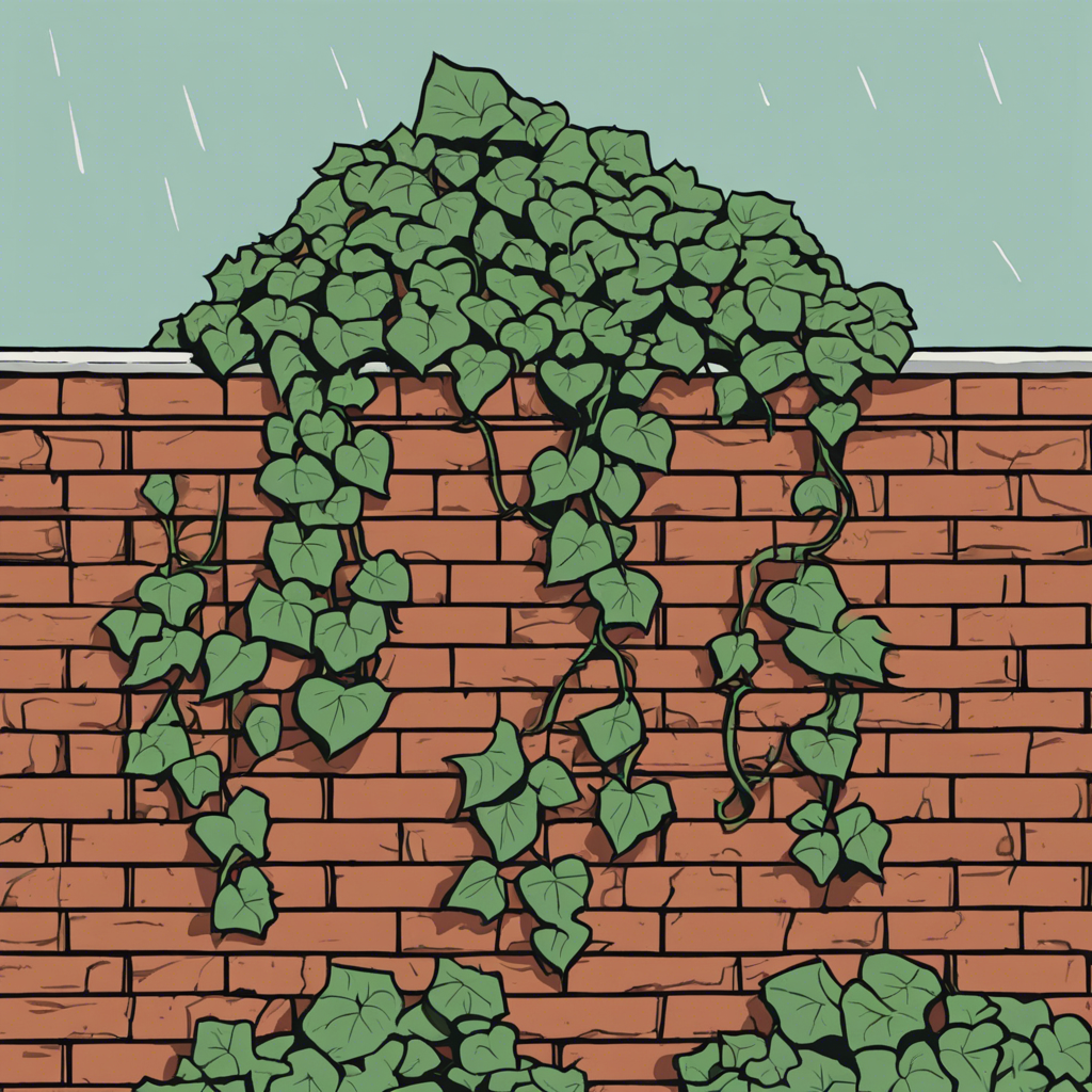 Ivy climbing a brick wall., illustration in the style of Matt Blease, illustration, flat, simple, vector