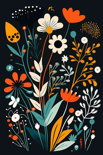 Scandi style flowers in bloom, vibrant colours, vector
