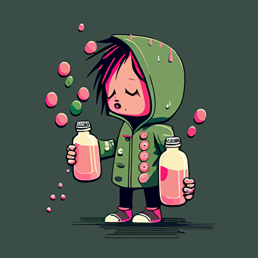 vector,splashy,pink,green,kid,holding pills bottles in hands,depressed,sad,crying