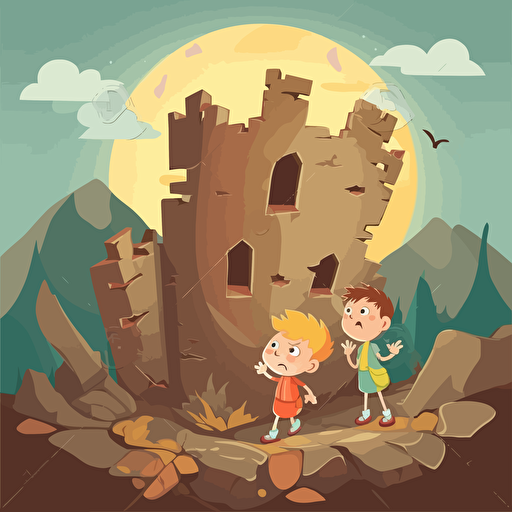vector illustration for childrens book, two friends find old ruin of castle,
