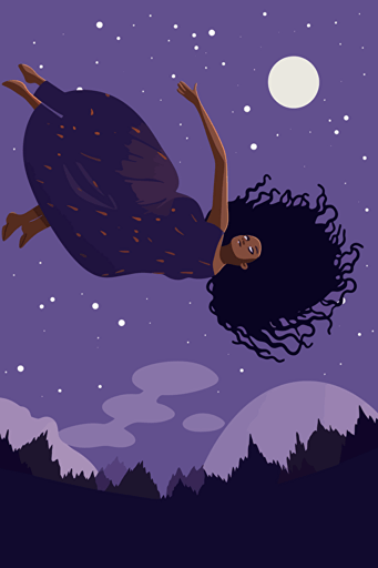 illustrated flat vector art, black girl in purple dress falls down from sky, folk art style,