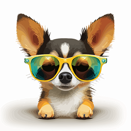 kawaii happy chihuahua wearing sunglasses, vector, white background