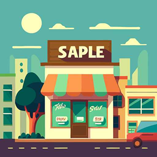 simple store, with sale event and city, flat style, picture, cartoon, vector