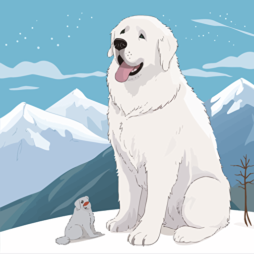 vector illustration of a Great Pyrenees sitting by a snowman on the side of a mountain