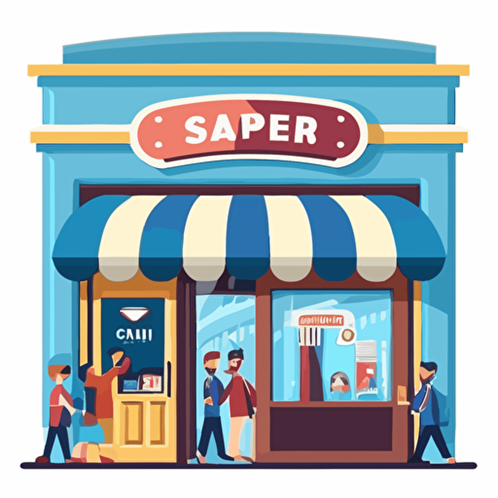 shop opening ceremony, flat style, picture, cartoon, vector, white background