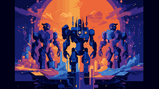 On the planet, legions of robots fight legions of artificial intelligence, flat, vector, blue purple orange gradient, by Ivan Chermayeff,