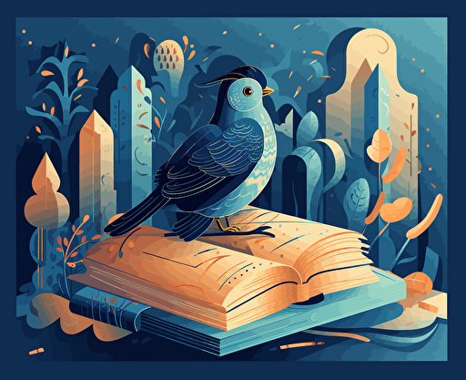 the book store afeebee psd, css, vector, odobe illustrator, png, in the style of free-flowing surrealism, light navy and gold, accurate bird specimens, atmospheric mood, canon af35m, colorful woodcarvings, flat form