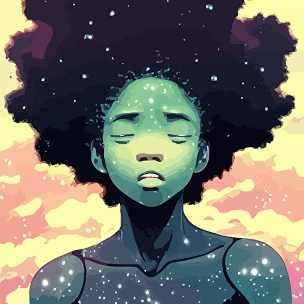  young black girl nebula afro dancing cloud lightning storm trending pixiv fanbox painted makoto shinkai takashi takeuchi studio ghibli akihiko yoshida yoshitaka amano wangechi mutu clean cel shaded vector art retrowave colors illustration hd 8 k