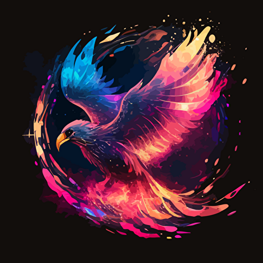 phoenix rebirthing and rising from the ashes through consciosuness expansion. Neon pink and blue fire, galaxy golden light black vector illustration