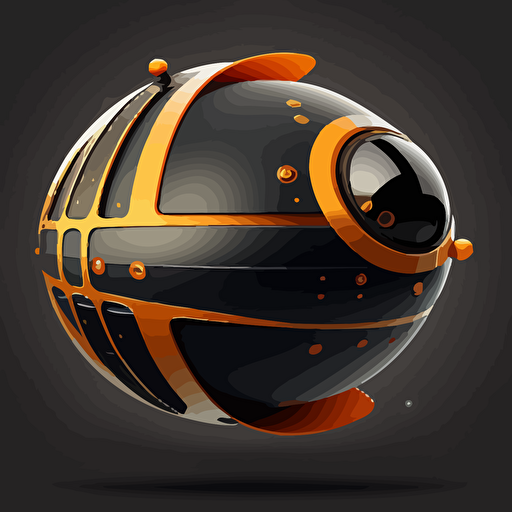 futuristic space ship, orb, orange and grey, black background, simple, vector