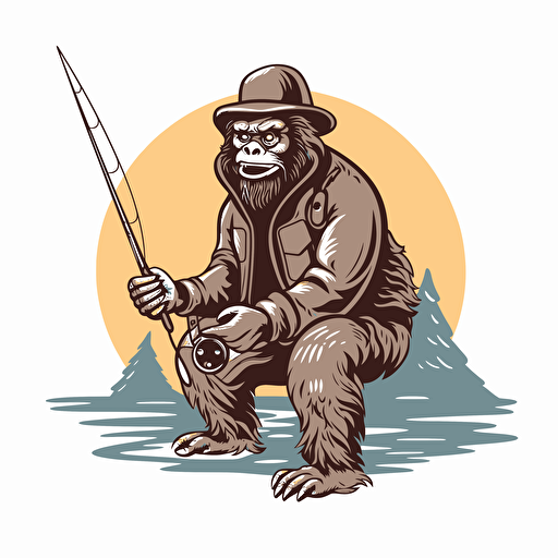 smiling bigfoot with baseball hat fly fishing, in style of outdoor logo, isolated on white, no background, vector art