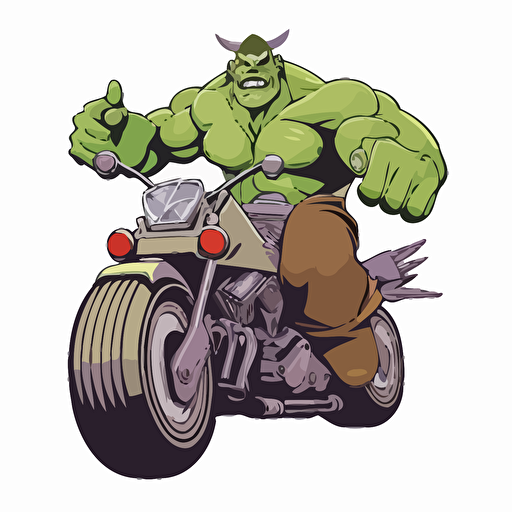 ogre riding a chopper in bad part of city, vector logo, vector art, emblem, simple cartoon, 2d, no text, white background