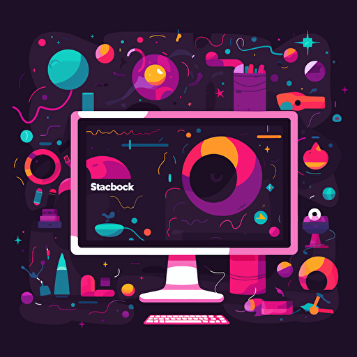 A vector based illustration of a Slack workspace with a very vibrant surrounding that bleeds to black, with valuable information escaping its content black hole from the monitor which shows slack conversations into a another monitor