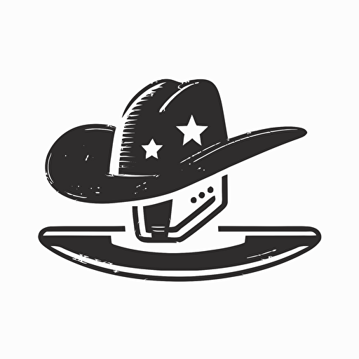 a flat vector logo, minimal, black and white, of a rocketship wearing a cowboy hat