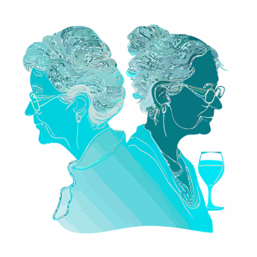 2 elder, Rebellious, Girls Night Out, light blue color, white background, simple design, vector style, white outline over silhouette