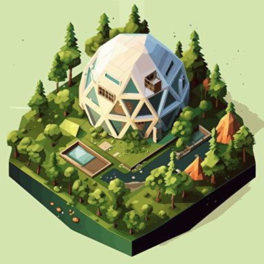 beautiful isometric with a garden, isometric view, vector illustration, modern, clean, high focus intricate details, soft smooth lighting, soft colors, 100mmlens, use shape like globe, triangle, cone, minimalist, night view, cute triangle small house in top of the podium with green grass and Christmas tree landscape