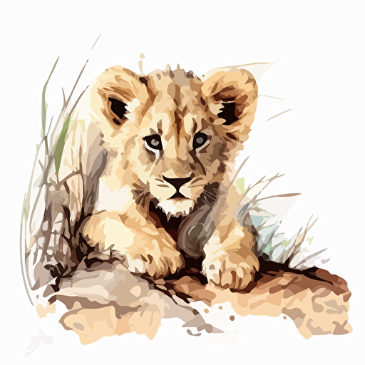A lion cub looking at you, pastel colors, white background, vector art, watercolours style