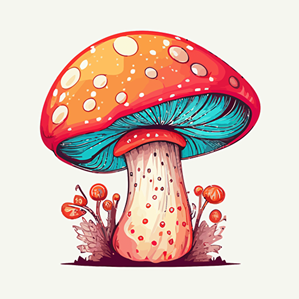 toadstool mushroom, handdrawn vector, bright color tones, isolated white background