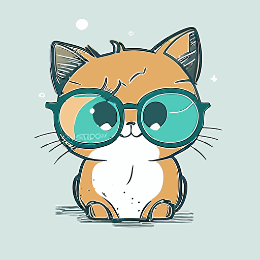 kawaii cool cat, glases , 2d, flat, vector style, contour, white background