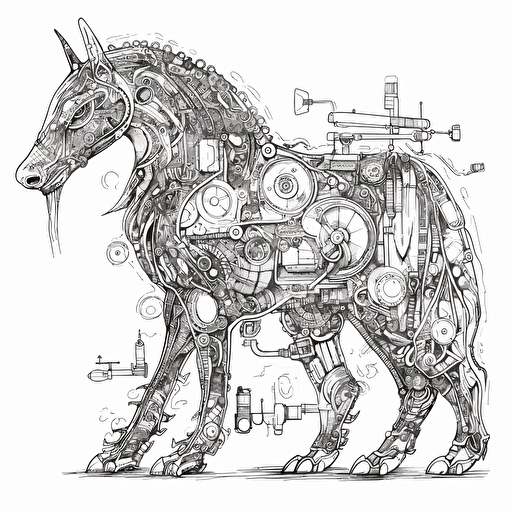 bestiary animal fusion machine, fine ink drawing vector white background, details and particulars,