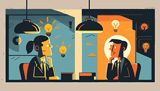 two corporate people talking in an office, light bulb idea floating in the middle, flat vector art style, illustration, very detailed, by Tom Whalen
