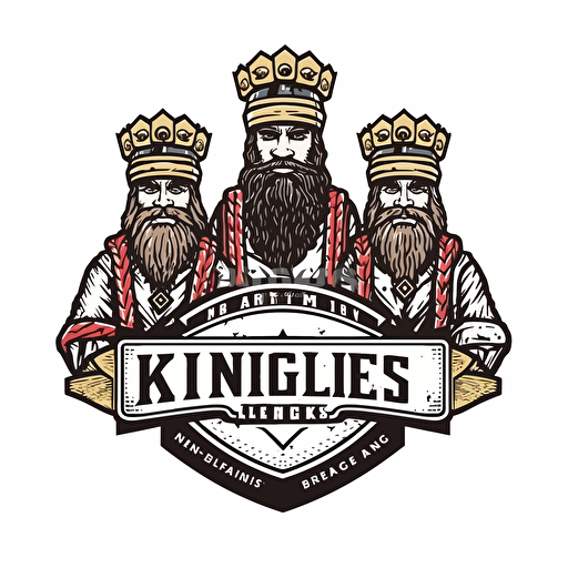 nfl sports team logo, containing three kings holding large beers. Team name. Border. Vector style, simple and flat. White background.
