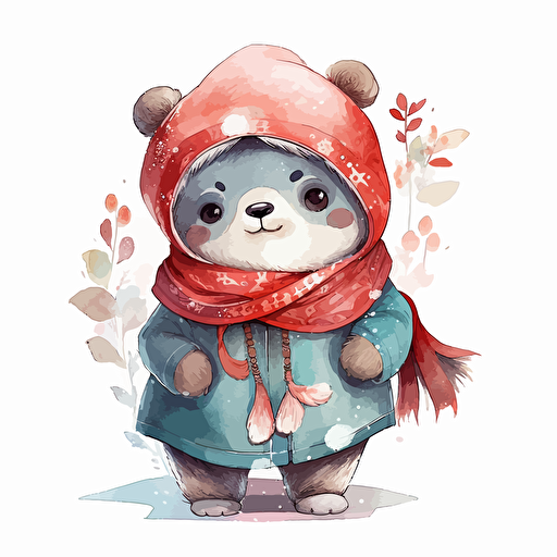 Chinese cute bear winter illustrations detailed, cartoon style, 2d watercolor clipart vector, creative and imaginative, hd, white background