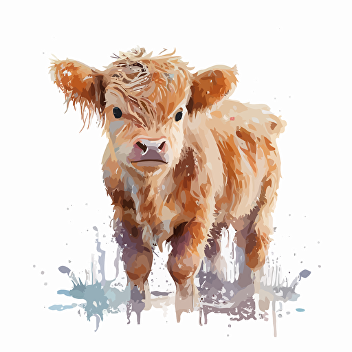 baby watercolor highland cattle vector,comic style, white background