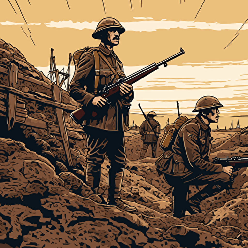 very very sad and dejected english soldiers world war I , looking down , holding their guns with bayonette, dejected, in the trenches with helmets, 16:9 format, illustration vectorial style, limited color palette, the landscape above them in the composition