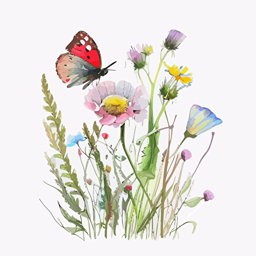 spring meadow wildflower with a pink butterfly, watercolour, clipart, primary colours, vector, simple, white background