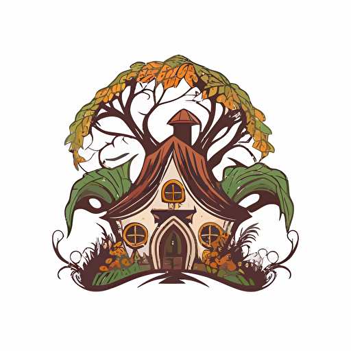 simple logo vector image 3 color, fantasy house with a garden growing directly out of the roof. On white background.