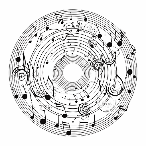 a black and white clipart about music, inscribed ina circle, vector, on white background