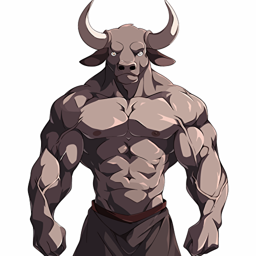 Bull, muscular, minotaur, hero, standing, proud, scary, tiled, manga like, burning man style, vector art, white background