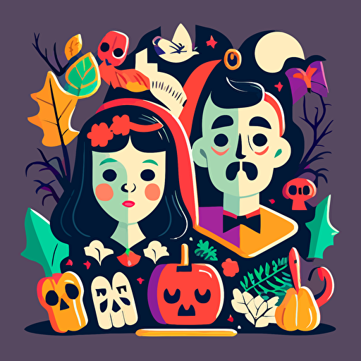 mid century retro Halloween, 2d flat cartoon, vector illustration, vibrant colors