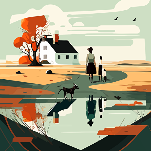 vector style two women standing at a crossroads with children and dogs farm house in background clean minimal abstract surrealism V 5