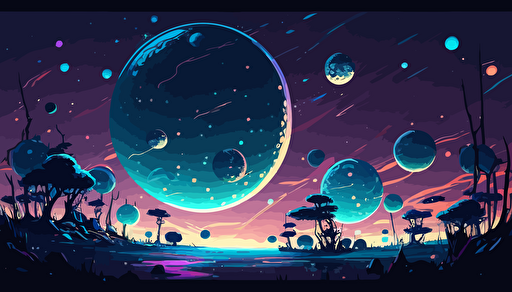 night sky with huge planets,wide angle,comic,anime style,vector,